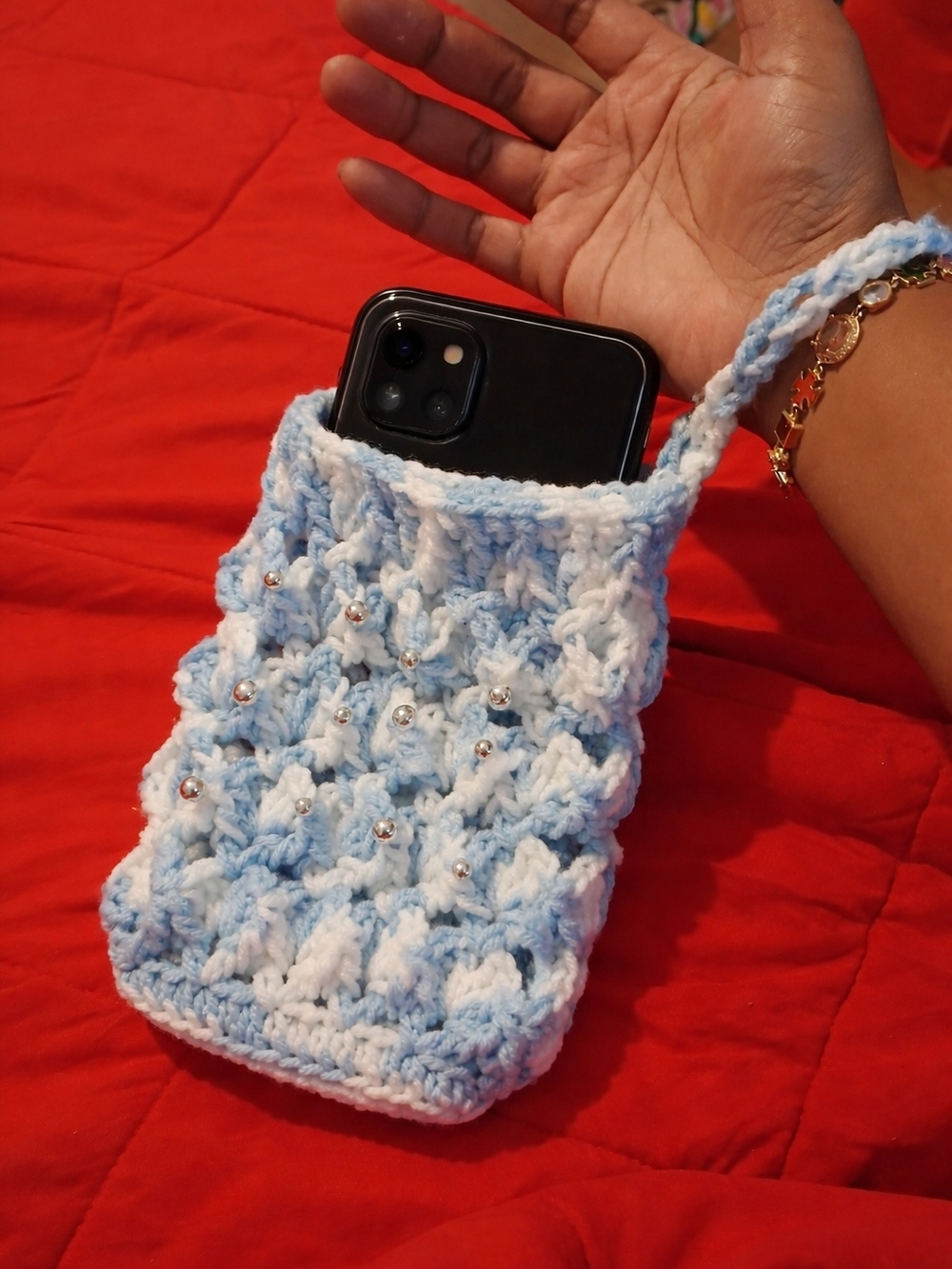 Handmade Blue & white Crochet Wrist Phone Bag with Beaded Detail